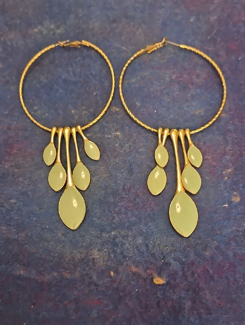 Gold Hoop Earrings with Pale Green Leaf Charms
